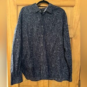 John Varvatos- men’s button up dress shirt. Dark blue with light blue and black.